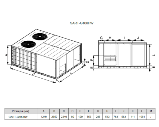 Крышный кондиционер General Climate GART-G100HW (100kW, тепловой насос, ESP=125Pa)